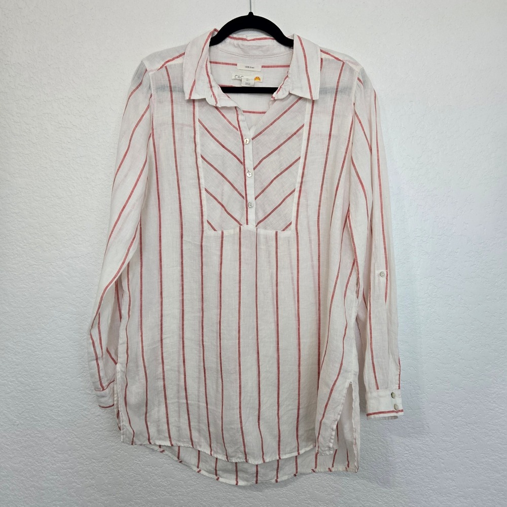 C&C Striped 100% Linen Tunic Shirt Large White Red Roll Tab Sleeve Beach Summer